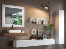 Composizione 7 Pz Arredo Bagno Modello Surf Colore Noce e Bianco opaco