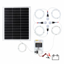 Sistema di illuminazione solare 50 W con regolatore di carica solare PWM 10 A e 4 lampadine LED.