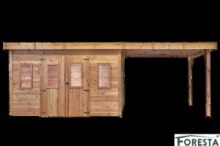 Casetta 3,80 x 3,80 m = 14,44 m²  tavole ad incastro 28 mm, tetto in policarbonato a doppia parete color bronzo, spessore 6 mm. Tetto piatto, con legnaia