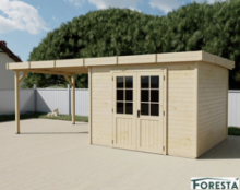 Casetta 2,80 x 2,80 m = 7,84 m² tavole ad incastro 28 mm, tetto piatto in acciao, con legnaia