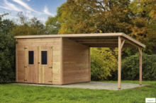 Casetta 2,80 x 2,80 m = 7,84 m² tavole ad incastro 28 mm, tetto mono pendenza,  copertura in policarbonato, con legnaia