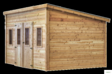 Casetta 3,80 x 2,80 m = 10,64 m² tavole ad incastro 28 mm, tetto mono pendenza,  copertura in policarbonato