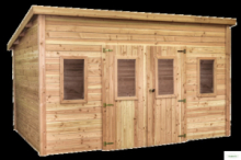 Casetta 3,80 x 3,80 m = 14,44 m² tavole ad incastro 28 mm, tetto mono pendenza,  copertura in policarbonato
