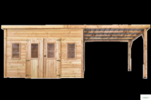 Casetta 3,80 x 3,80 m = 14,44 m² tavole ad incastro 28 mm, tetto mono pendenza,  copertura in policarbonato, con legnaia