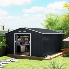 Casetta da Giardino 12,4m² con Fondazione, 4 Prese d'Aria e 2 Porte Scorrevoli, Capanno Porta Attrezzi in Lamiera d'Acciaio, 340x386x2 cm