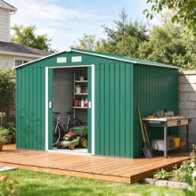 Casetta da Giardino 4,9 m² con Fondazione, 4 Prese d'Aria e 2 Porte Scorrevoli, Capanno Porta Attrezzi in Lamiera d'Acciaio, 277x195x192 cm, Verde Scuro