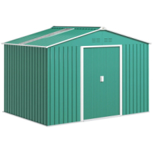 Casetta Porta Attrezzi in Acciaio con Tetto Inclinato e 2 Porte Scorrevoli, 277x195x192 cm, Verde Scuro