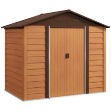 Casetta da Giardino in Acciaio Effetto Legno con Doppie Porte Scorrevoli, 236x196x208 cm, Marrone